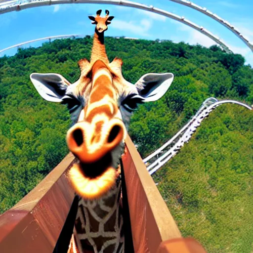 Prompt: selfie of an excited giraffe riding a roller - coaster, wide angle, highly - detailed realistic