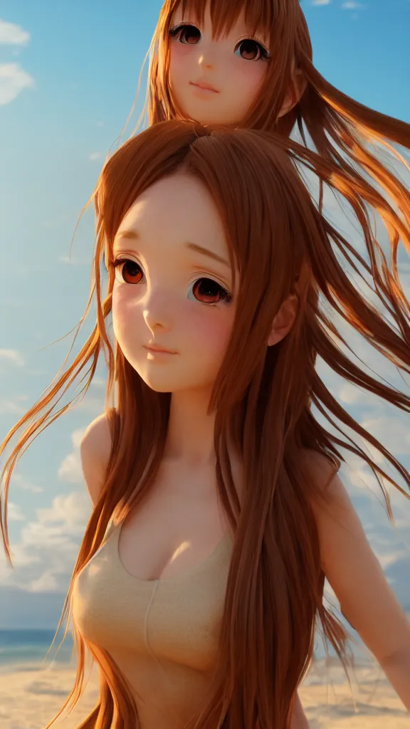 Image similar to Render of a very beautiful 3d anime girl, long hair, hazel eyes, cute freckles, full round face, short smile, cute sundress, golden hour, serene beach setting, medium shot, mid-shot, highly detailed, trending on Artstation, Unreal Engine 4k