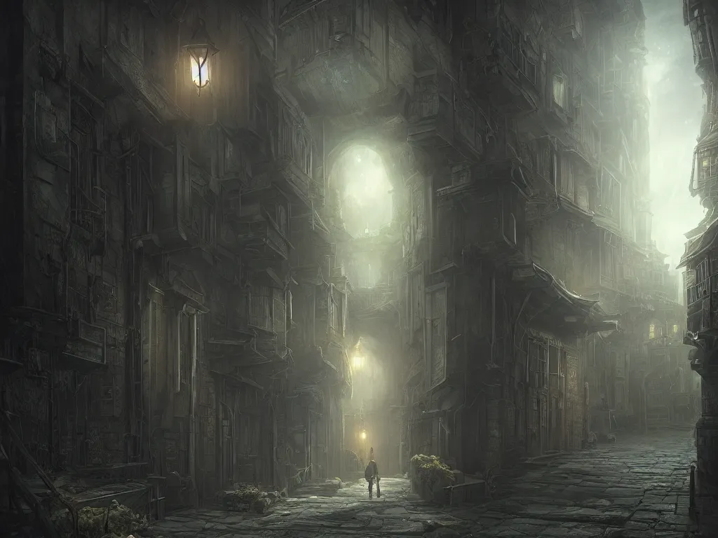 Prompt: a detailed matte painting of a nightscene with a dark alley at the end an illuminated door in the style of greg rutkowski and hiromasa ogura