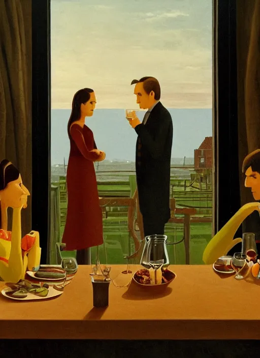 Prompt: A couple having a lonely dinner on a Saturday night painted by Marius Van Dokum, cinematography of Wes Anderson