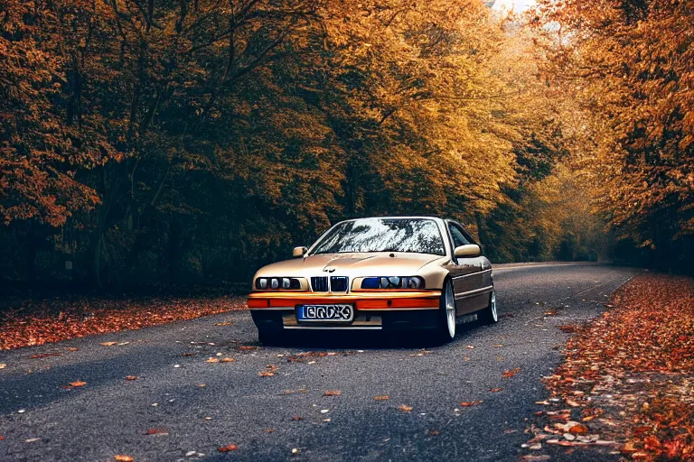 Prompt: A BMW e36 parked in a road with trees, autumn season, Epic photography, taken with a Leica camera, 50 mm, depth of field