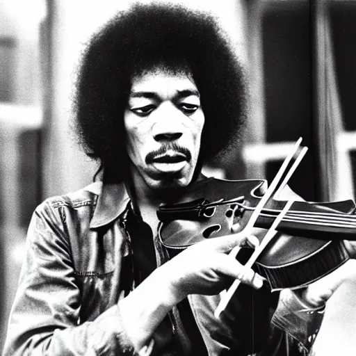 Prompt: a photograph of Jimi Hendrix playing the violin