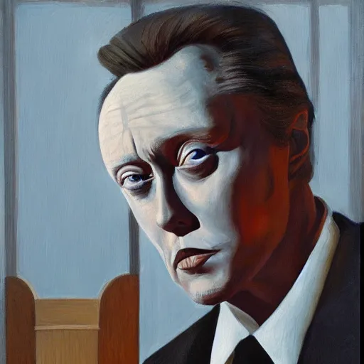 Image similar to christopher walken, portrait, dystopian, pj crook, edward hopper, oil on canvas