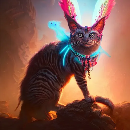 Image similar to synthwave chieftain - cat with ultradetailed aztec - headdress and big glowing cyber eyes by peter mohrbacher and emmanuel shiu and martin johnson heade and bastien lecouffe - deharme, rim light photography