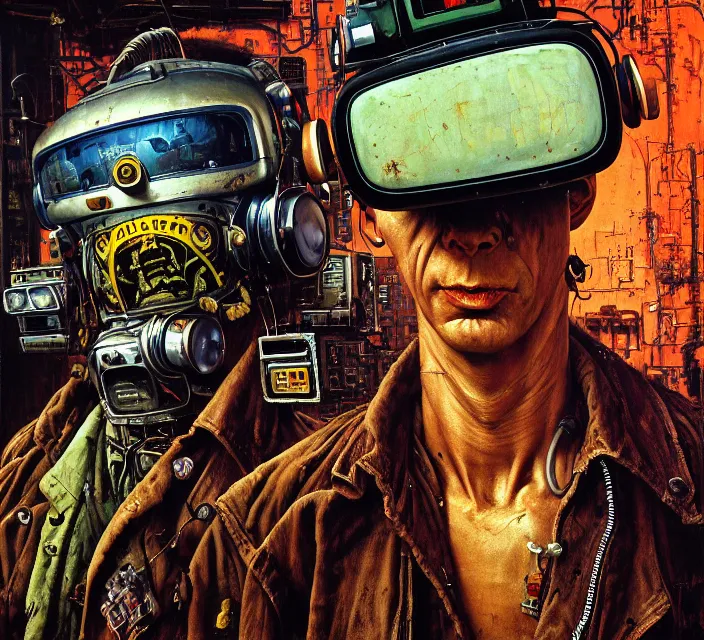 Prompt: junky men taxi driver, cybertronic gadgets and vr helmet, durty colours, rotten textures, rusty shapes, flesh + technology, biotechnology, norman rockwell, tim hildebrandt, dariusz zawadzki, hyperrealistic oil painting on canvas, deep depth field, cinematic composition, hyper - detailed, hdr, 8 k, 4 k