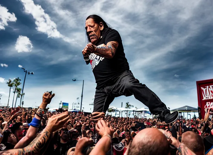 Prompt: photo still of danny trejo at vans warped tour!!!!!!!! at age 6 3 years old 6 3 years of age!!!!!!! stage diving at a crowd, 8 k, 8 5 mm f 1. 8, studio lighting, rim light, right side key light