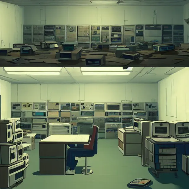 Image similar to an interior room with old pc computers stacked on the walls, makoto shinkai