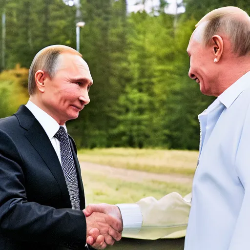 Prompt: Vladimir Putin shaking hands with Walter White, 8k, cinematic, depth of field, dslr,