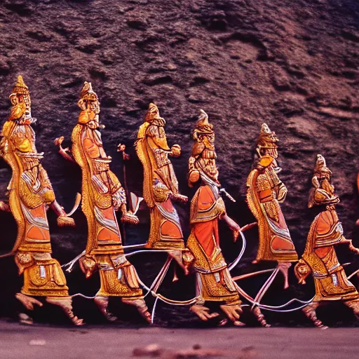 Image similar to vedic aryans riding on chariots, still film, 3 5 mm lens, intricate, elegant, 8 k