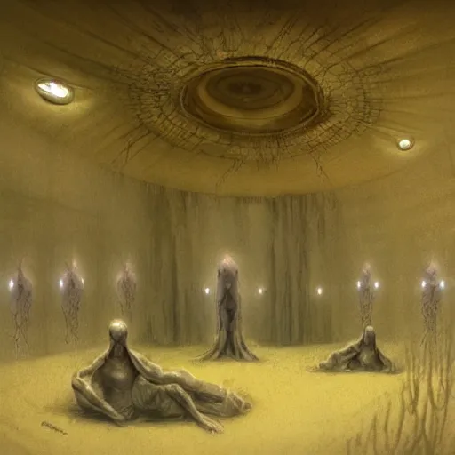 Prompt: rococo science fiction burial chamber hospital filled with cloning vats with indistinct human figures inside, dune concept art by greg rutkowski, zdzisław beksinski, anato finnstark