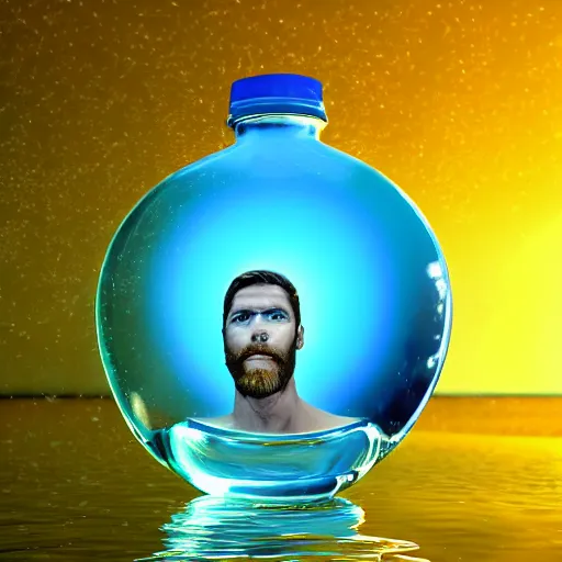 Image similar to a human head in a bottle in water art manipulation shape, on the ocean water, futuristic, glowing, hyper realistic, ray tracing, realistic water splashes, sharp focus, long shot, 8 k resolution, cinematic, photoshop art