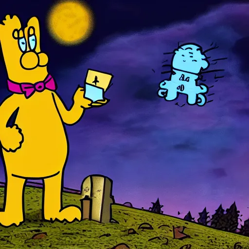 Image similar to Garfield eating lasagna in a cemetery, gravestone says Jon Arbuckle, full moon in background, starry sky with clouds, horror, spooky, photorealistic, 8k resolution,