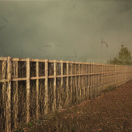 Image similar to an endless very tall fence, in a field, birds, dystopian, grim, dark, masterpiece oil painting, octane render, by barlowe, 4 k