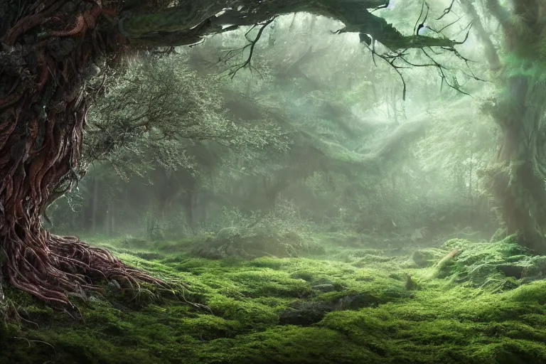 Prompt: magical forest forest, ghibli studio, cellshaded, nausicaa anime style hyper realistic, mossy tangled trees, ambient lighting, concept art, intricate, hyper detailed, smooth, dynamic volumetric lighting, octane, raytrace, cinematic, high quality, high resolution, 4 k, cgsociety, rutkowski, gurney