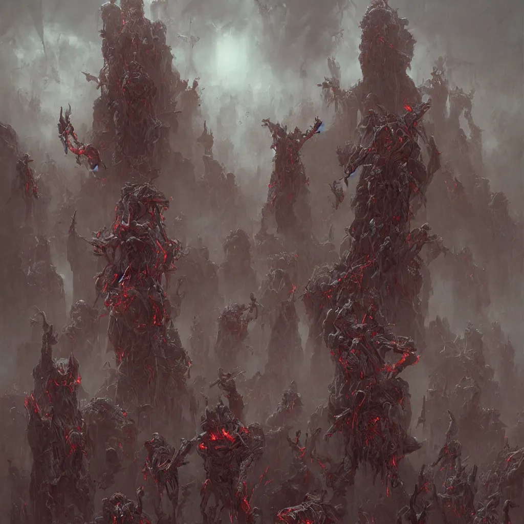 Image similar to sentient ghostbusters bizarre demi - gods expelling demons by greg rutkowski, zdzislaw beksinski,
