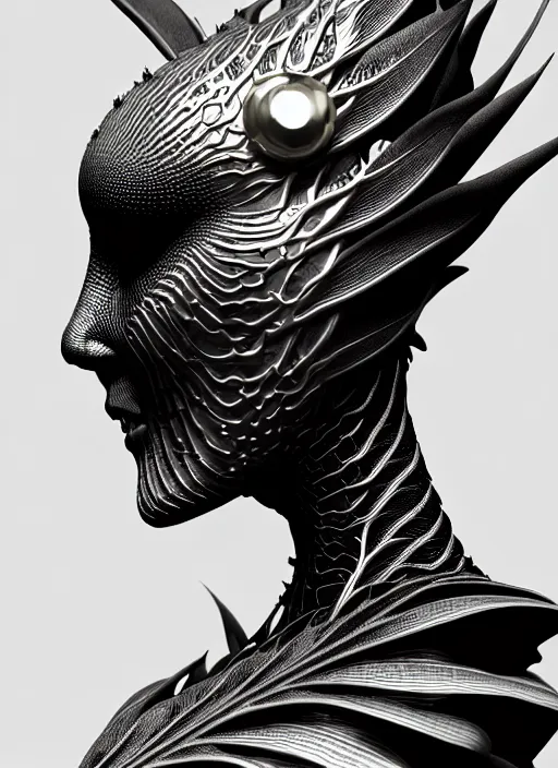 Image similar to bw contrasted close - up profile face, black background, beautiful young porcelain vegetal - dragon - cyborg - female, 1 5 0 mm, beautiful natural soft rim light, silver gold details, magnolia leaves and stems, roots, mandelbot fractal, elegant, ultra detailed, white metallic armour, octane render, h. r. giger style