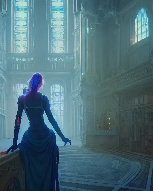 Image similar to highly detailed surreal vfx portrait of a female cyberpunk mage in a majestic castle by golden tree, stephen bliss, unreal engine, greg rutkowski, loish, rhads, beeple, makoto shinkai and lois van baarle, ilya kuvshinov, rossdraws, tom bagshaw, alphonse mucha, global illumination, detailed and intricate environment