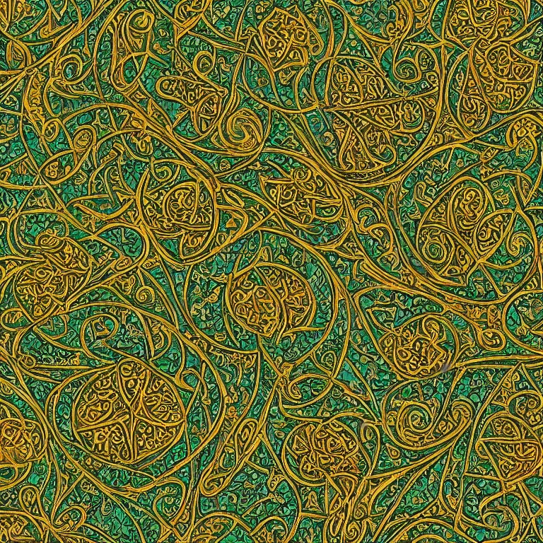 Image similar to medieval celtic arabic ornament with mystic birds and flowers, highly detailed, green and gold, fractal, mandelbrot,