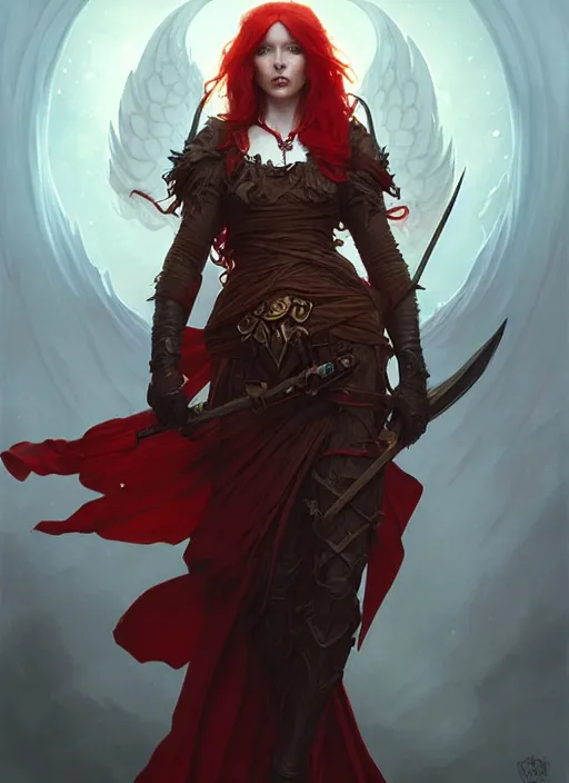 Image similar to a beautiful red haired woman as the angel of death, deep focus, d & d, fantasy, intricate, elegant, highly detailed, digital painting, artstation, concept art, matte, sharp focus, illustration, hearthstone, art by artgerm and greg rutkowski and alphonse mucha