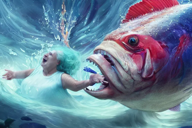 Prompt: of a very beautiful scene. ambient occlusion render. a sweet fat old woman is giving a birth to a huge colorful fish. hyper realistic. 4 k. wide angle. wild happiness. symmetrical face, red mouth, blue eyes. deep focus, lovely scene. ambient occlusion render. concept art. artstation. unreal engine.