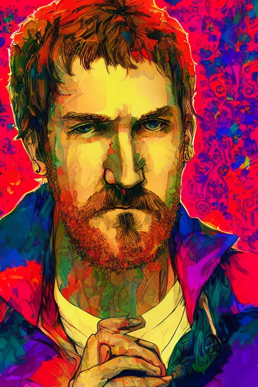 Image similar to inspirational style hope poster of bo burnham with beard, psychedelic colors, highly detailed, realistic, loving by yoji shinkawa