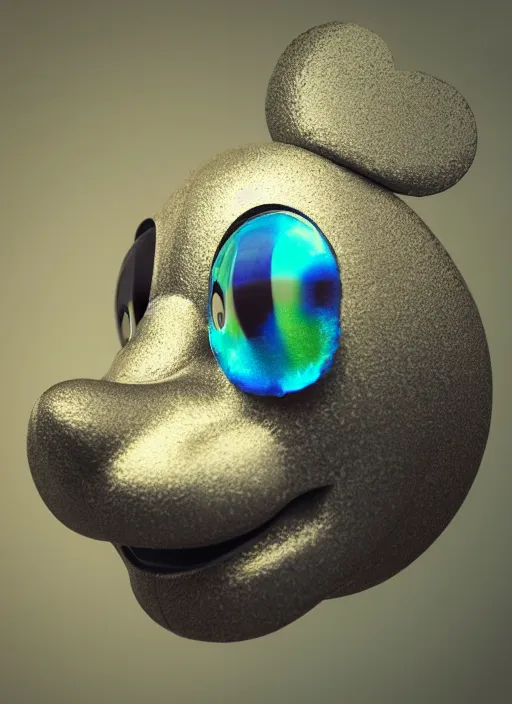 Image similar to mickey mouse head, fractal, broken, wet, mycelium, radiant alien, rococo, baroque, automotive, bio-mechanical, porcelain, iridescent sub surface scattering, octane render