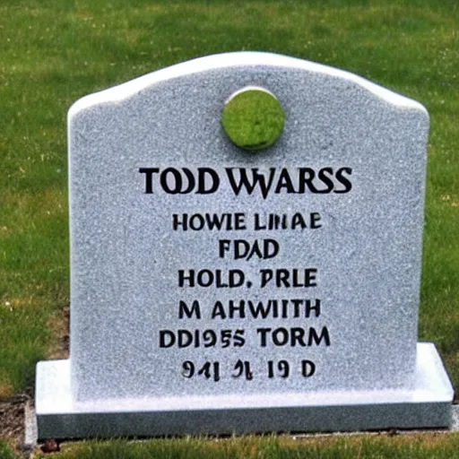 Prompt: tod howards grave with it just works written on it