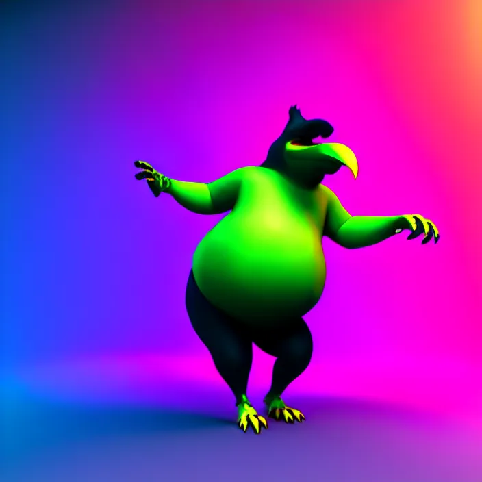 Image similar to 3 d render of a fat anthropomorphic raven fursona dancing at a rave, psychedelic, furry, cute, vivid saturation, octane render