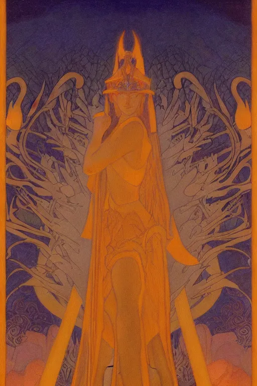 Prompt: lost queen of the night river with her scepter, by Nicholas Roerich and jean delville and Maxfield Parrish, dramatic cinematic lighting , ornate headdress , lost civilizations, extremely detailed, unreal engine