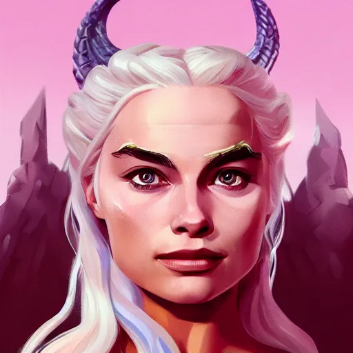 Prompt: Portrait of Margot Robbie as Queen Daenerys Targaryen, mattepainting concept Blizzard pixar maya engine on stylized background splash comics global illumination lighting artstation lois van baarle, ilya kuvshinov, rossdraws