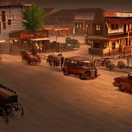 Image similar to photorealistic western town with a saloon and old western buildings, dynamic lighting, hyper realistic