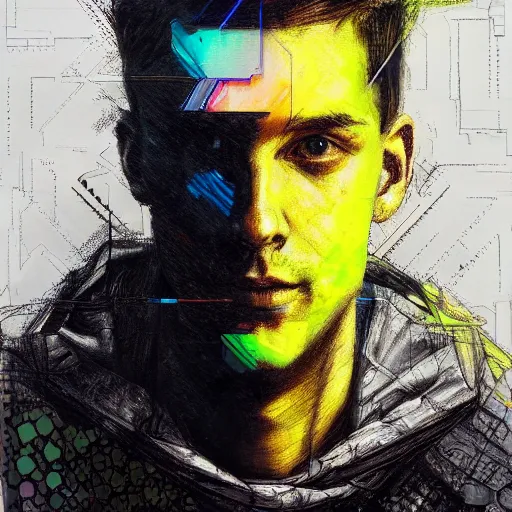 Prompt: hyperrealistic portrait of a cyberpunk man, by Guy Denning, Johannes Itten, network, lattice, glitch art, fine detail, polished, complex, hacking effects, digital tech effects, color blocking, acrylic on canvas, concept art, abstract, symmetrical, 8k, concept art, octane, trending on artstation