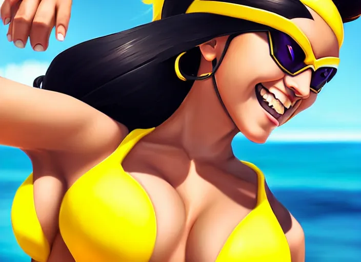 Prompt: style overwatch tracer, hyperrealism, a girl with black hair, with a very beautiful symmetrical face, a smile on her face, tanned skin, in a yellow bikini, against the background of a sea beach, high detail, digital photograph