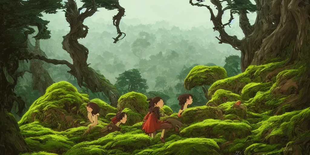 Image similar to a 2 d forest background in transylvania, rocks, dead trees, castle in the background, moss, in the style of studio ghibli, j. c. leyendecker, greg rutkowski, artgerm