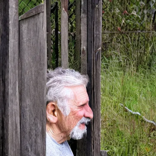 Prompt: hole in an old fence with a hairy old man staring out from the other side, photograph