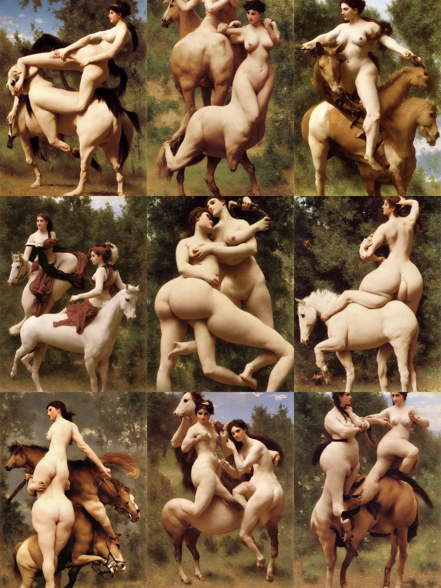 Prompt: curvy woman on a horse painting by bouguereau full body
