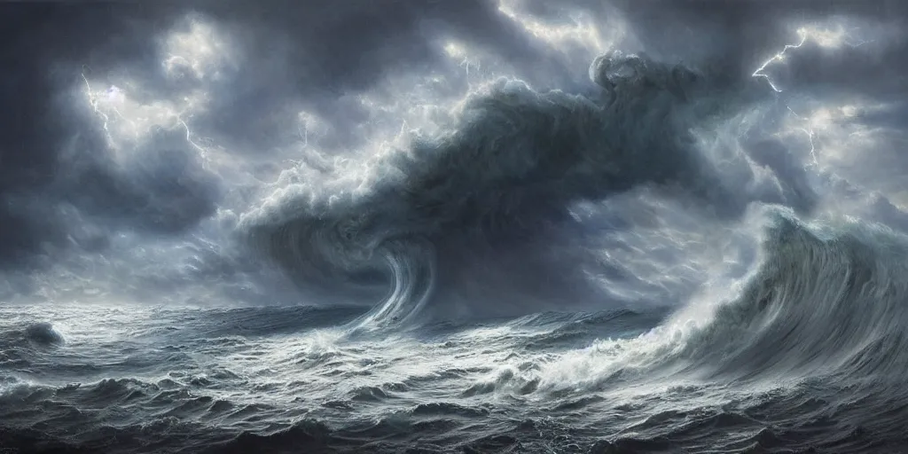 Prompt: stunning painting of a stormy sea with giant waves and lightning, by ellen jewett, by tomasz alen kopera, by Justin Gerard, ominous, magical realism, texture, intricate, volumetric lighting, high details