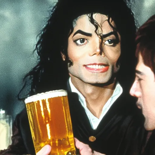 Prompt: micheal jackson drinking a beer with harry potter in hogwart