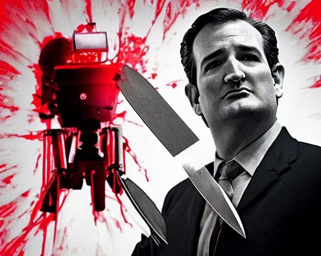 Image similar to bloody ted cruz holding knife with searchlight overhead, shot on technicolour film, action shot