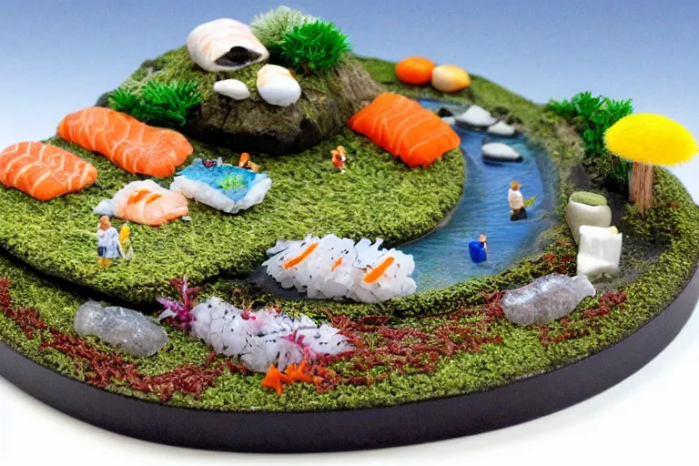 Image similar to miniature island made of sushi, diorama picture, 5 5 mm, sushi - island