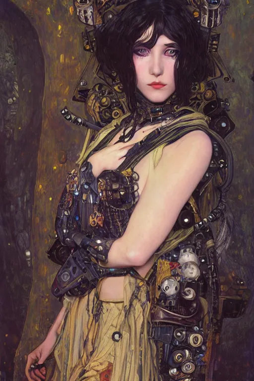 Image similar to portrait of beautiful young gothic maiden, cyberpunk, Warhammer, highly detailed, artstation, illustration, art by Gustav Klimt