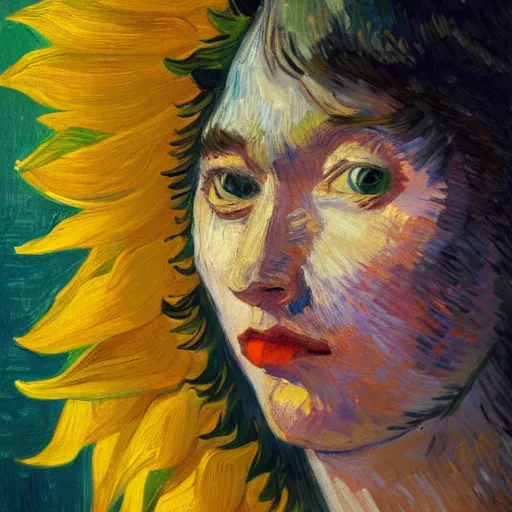 Image similar to closeup, giant sunflower head, woman standing in a room, surreal, dramatic light, impressionist painting, digital painting, artstation, van gogh