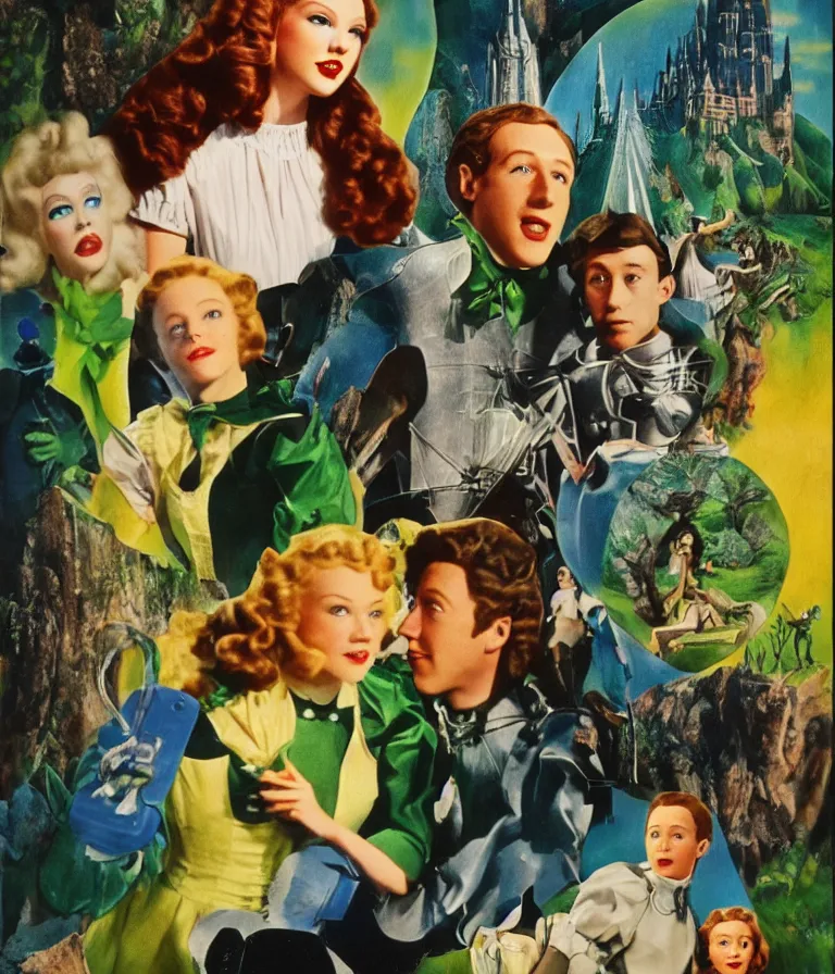 Image similar to Beautiful Fantasy Movie Poster made for the film The Wizard of Oz (1941) starring Taylor Swift and Mark Zuckerberg, minimalist oil paint and ink and photograph collage by Man Ray and Marcel Duchamp , Vivid color trending on artstation Cinematic lighting collage!! 8k