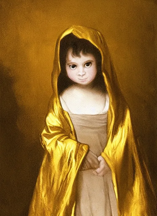 Image similar to shadows in the dark lurking on a lost little girl wearing a gold cloak, backlight, creepy, extremely realistic and highly detailed painting by francisco goya, soft light, gold ratio