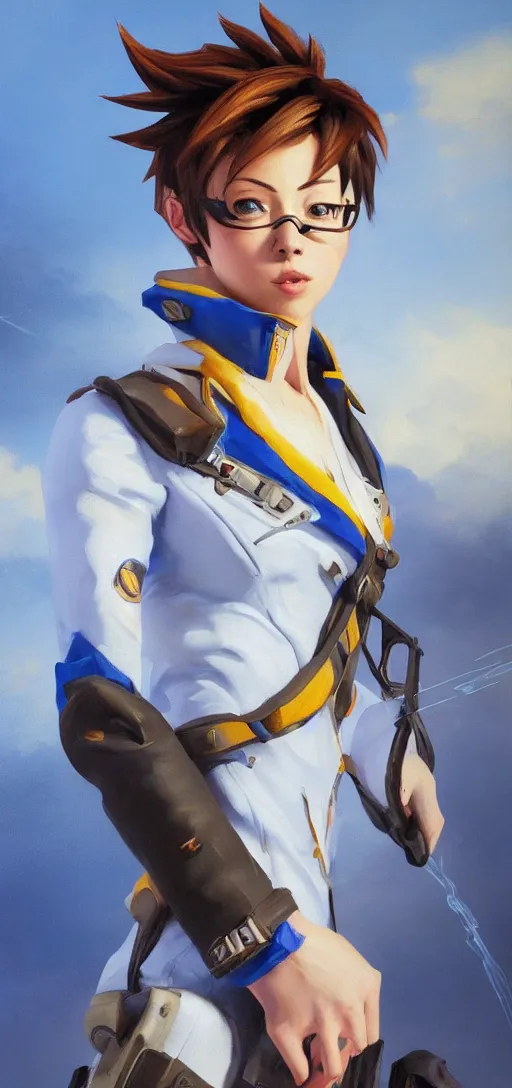 Image similar to oil painting of tracer overwatch in a field wearing blue uniform, in style of ivan aivazovsky, expressive face, detailed face, detailed eyes, full body, feminine face, tracer overwatch,