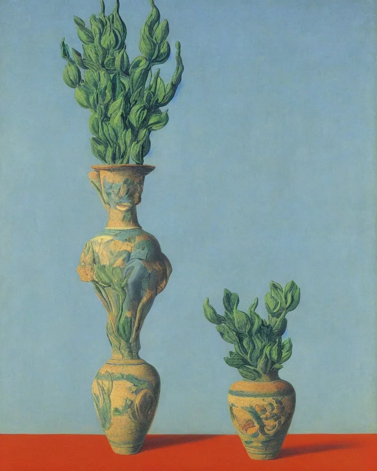 Image similar to achingly beautiful print of one painted ancient greek vase on baby blue background by rene magritte, monet, and turner. symmetrical.