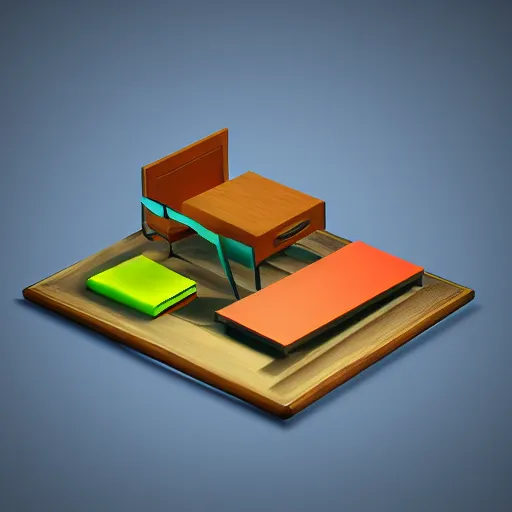 Image similar to 3 d object of desk, isometric game, isometric art, centralised, mohamed chahin, blender cycles render, solid colours material, no background and shadows