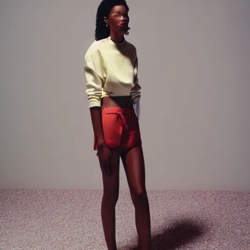 Image similar to realistic photoshoot for a balenciaga lookbook, color film photography, portrait of a beautiful woman in style of tyler Mitchell, 35mm, graflex