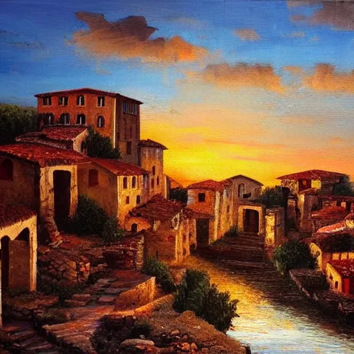 Prompt: roman village on a steep hill during sunset, lake view, ultra realistic painting, oil paint, dramatic lighting