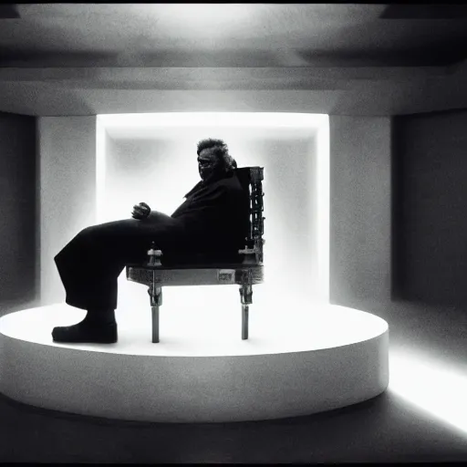 Image similar to chunky orson welles sitting on a dark throne, in an alien room by hans giger, movie by denis villeneuve, lubezki, gaspar noe and alejandro jodorowsky, anamorphic lens, anamorphic lens flares, kodakchrome, cinematic composition, practical effects, award winning photo, 8 k